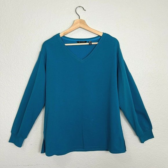 H by Halston French Terry Sweatshirt XS Skyline Teal Long Sleeve V Neck Tunic - Picture 3 of 13